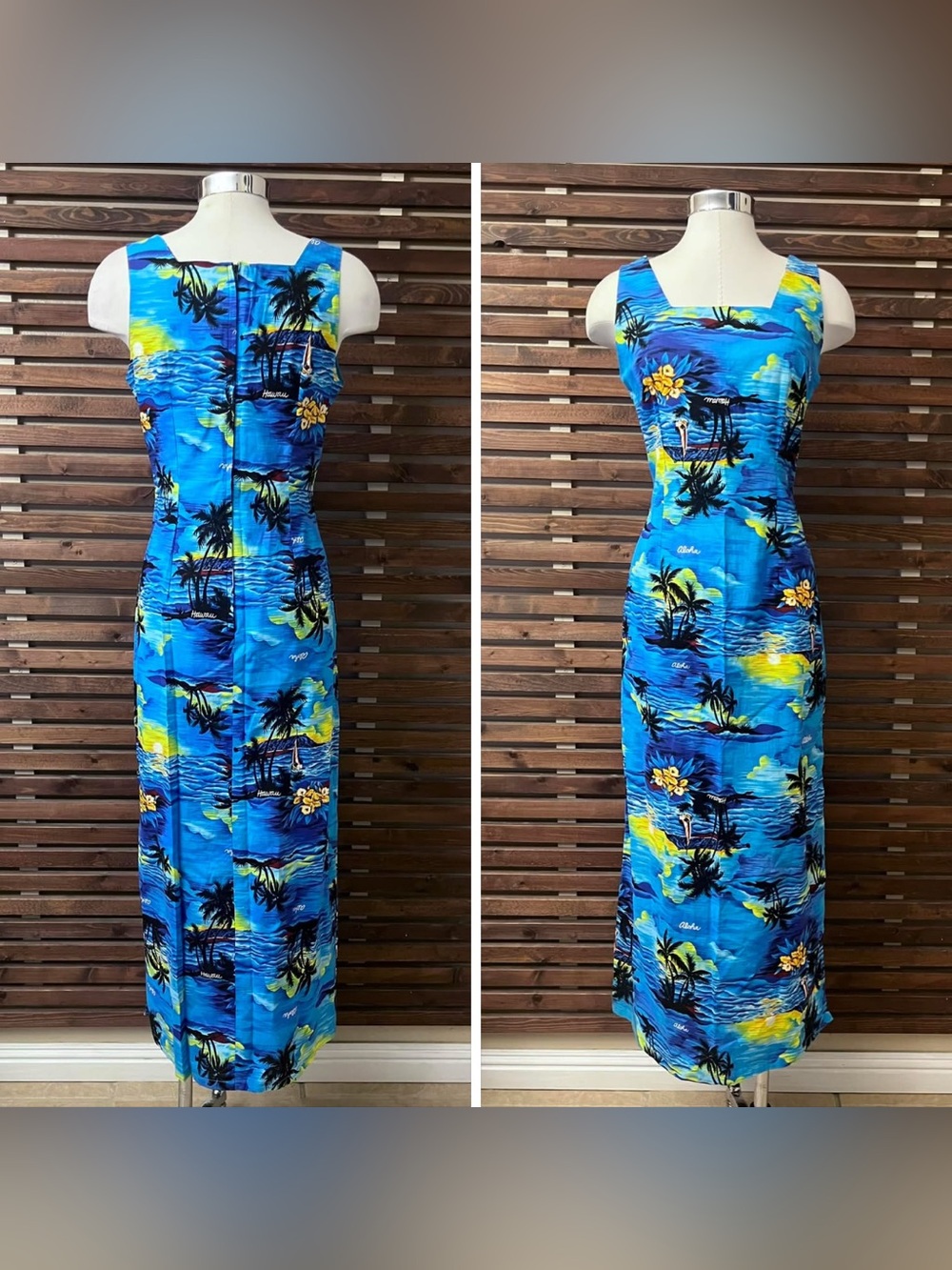 1980s Vintage 100% Cotton Green Blue Island Sunset Sleeveless Maxi Dress w/ Slit